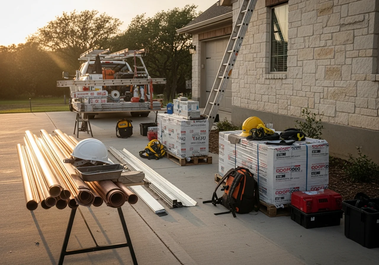 Construction crew and roofing equipment on a residential property in the Texas Hill Country, ready for installation work.