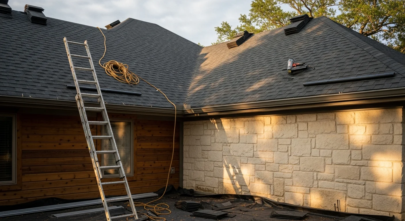 Roofer installing shingles on a residential home