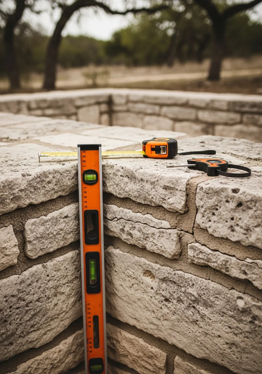 Close-up of skilled technician inspecting residential foundation in typical Burnet County Hill Country property.