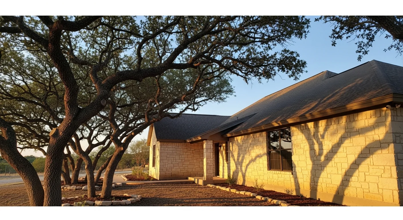Scenic Hill Country home with native limestone exterior and mature oak trees in Burnet County setting.