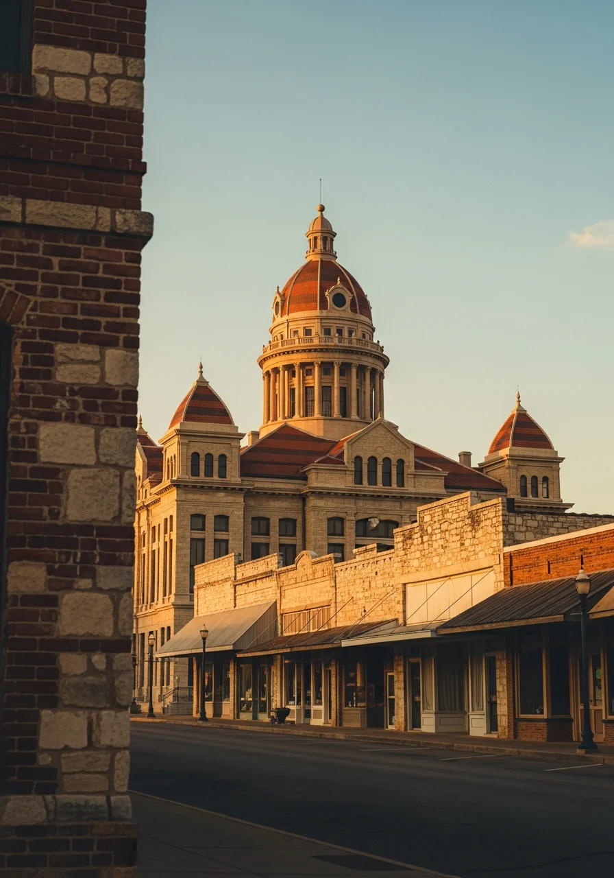 Historic downtown Llano with county courthouse and residential rooflines