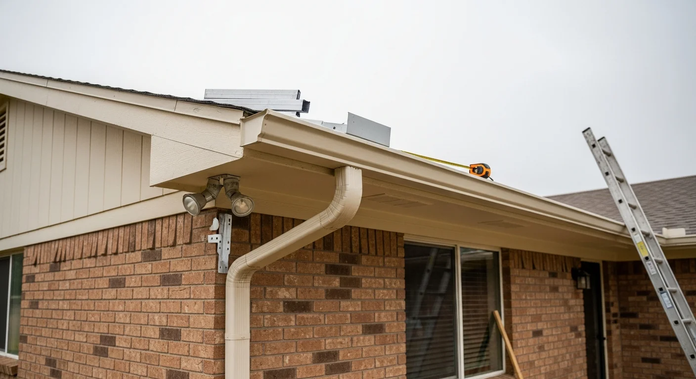 A repaired and properly secured downspout on a single-story ranch-style home in Burnet County, Texas, directing water away from the foundation toward a gravel discharge area. The surrounding Hill Country landscape is visible in the background.