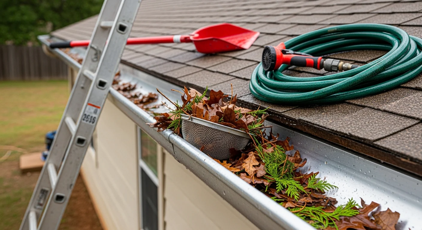 A gutter on a Burnet County home being cleared of packed oak leaves and cedar debris by a technician on a ladder. Clean water flows freely through the downspout after the blockage is removed.