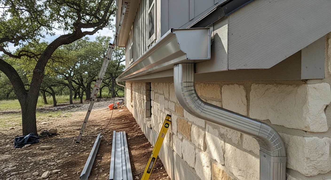Newly installed gutters running along the roofline of a ranch-style home in Burnet County, Texas, with a downspout directing water away from the foundation. Hill Country terrain and native trees visible in the background.