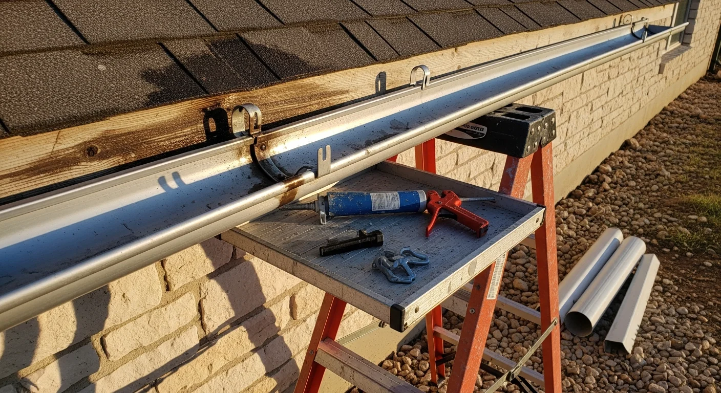 A repaired gutter section on a ranch-style home in Burnet County, Texas, with a reattached downspout directing water away from the foundation. The surrounding Hill Country landscape and rocky soil are visible in the background.