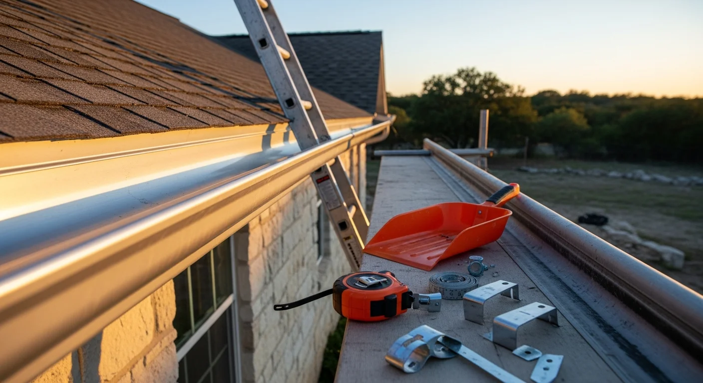 New gutter system installed along the roofline of a single-story ranch home in Burnet County, Texas. Downspout directs water away from the foundation toward a gravel drainage area.