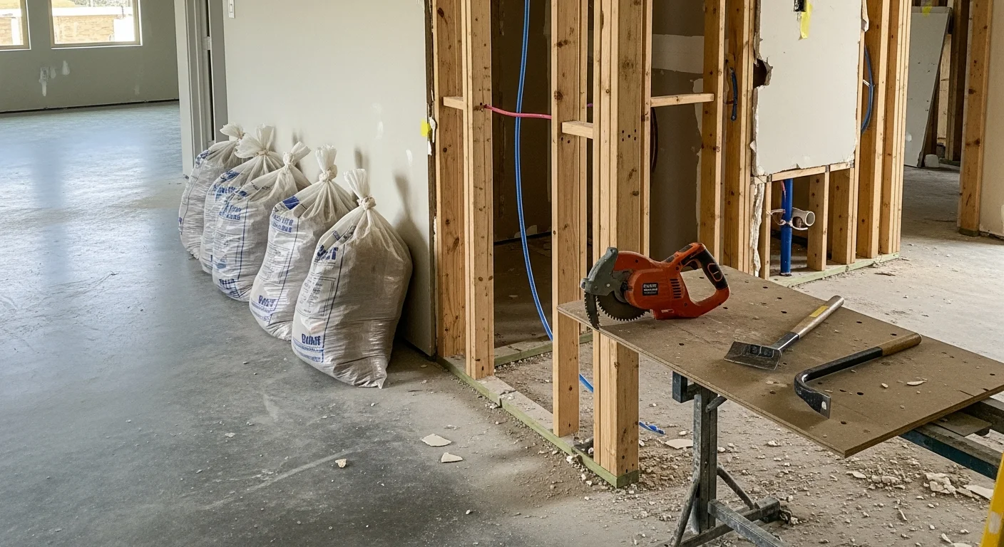 Interior demolition in progress inside a Burnet County home, with walls stripped to the studs and debris staged for removal. A general contractor crew works in a cleared residential space prepared for renovation.