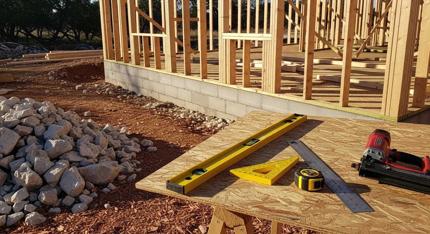 A newly constructed single-story home on a rural Burnet County, Texas property, surrounded by Hill Country terrain and native oak trees. The home features a covered front porch and a freshly poured concrete driveway leading to an attached garage.