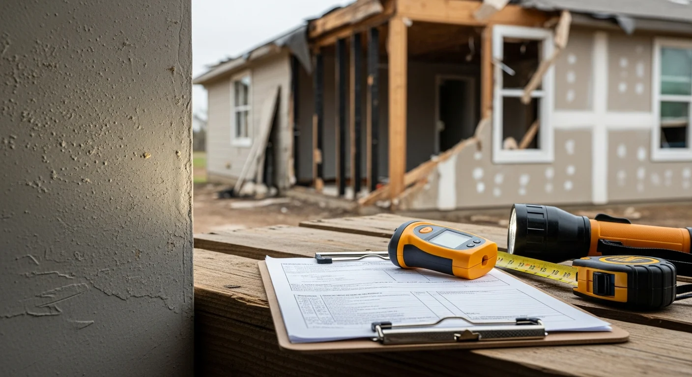 A Burnet County residential property mid-restoration after storm and flood damage, showing repaired exterior framing and new roofing work in progress. The Highland Lakes area landscape is visible in the background.