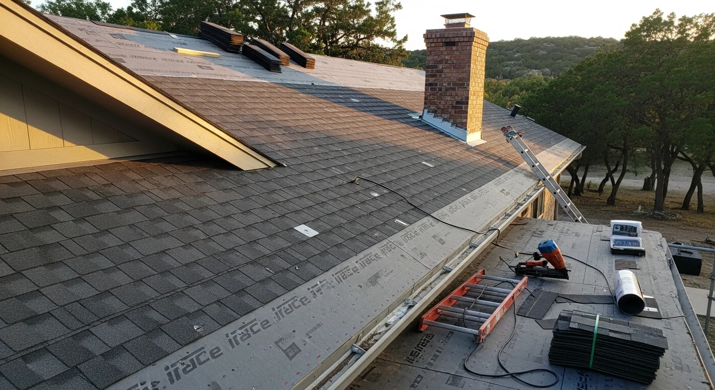 A newly installed residential roof on a Hill Country home in Burnet County, Texas, with clean ridge lines and uniform roofing material visible against a clear sky. The surrounding landscape shows the open terrain typical of rural Burnet County properties.