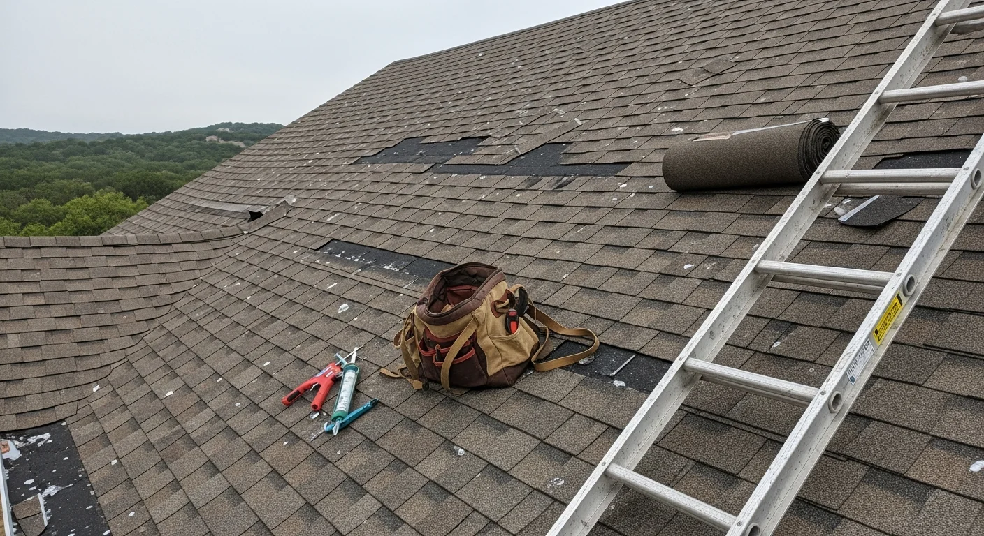 A Burnet County residential rooftop showing a completed shingle repair on a pitched roof with a Texas Hill Country landscape visible in the background. A roofing contractor from Archon Construction is inspecting the repaired section from the roof surface.