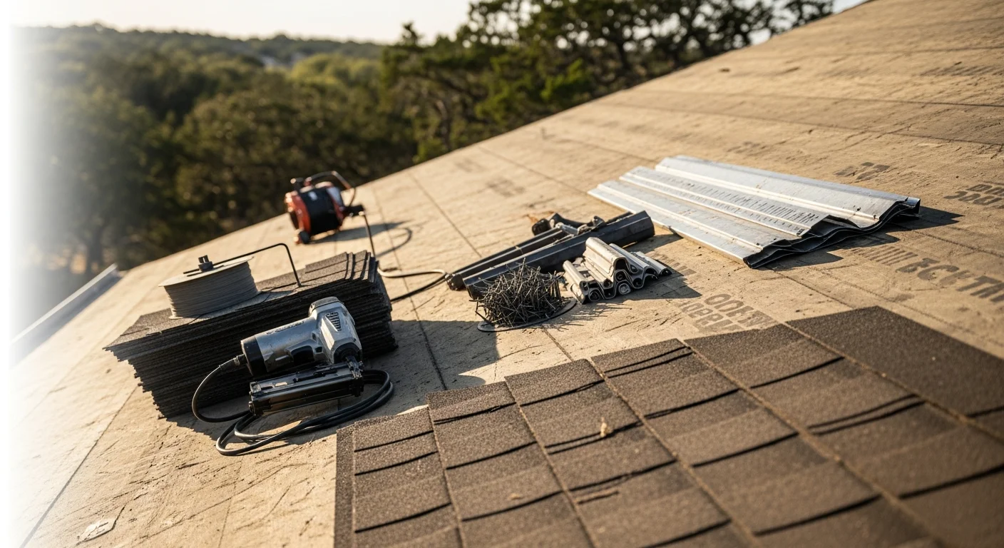 A completed residential roof replacement on a single-family home in Burnet County, Texas, showing a full new roofing system with clean ridge lines and replaced flashing. The Hill Country landscape is visible in the background.