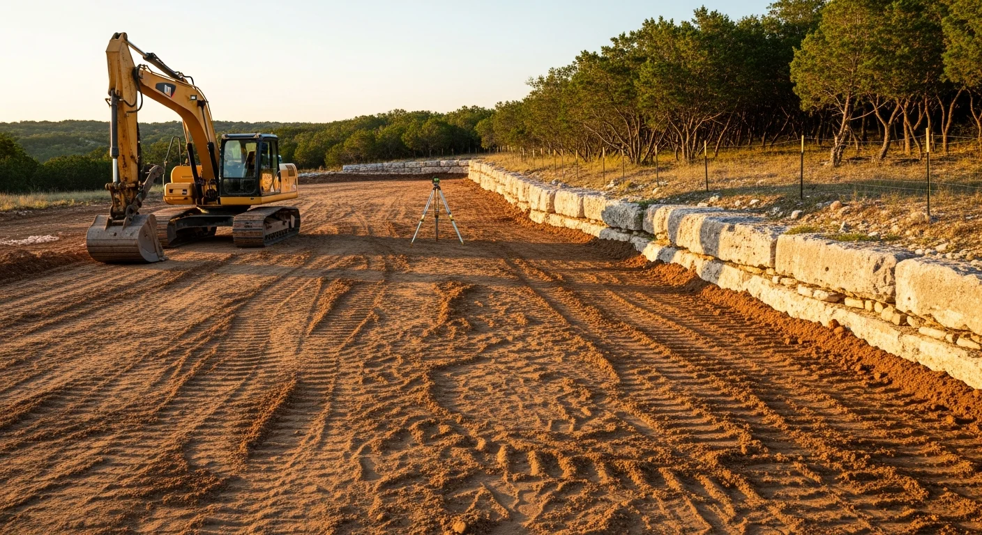 A graded and compacted building pad on a rocky Burnet County, Texas property with cleared cedar and brush along the perimeter. Heavy equipment tracks visible in the foreground, with Hill Country terrain in the background.