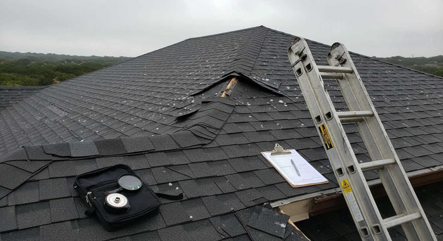 A Burnet County residential roof showing hail impact damage with missing shingles and granule loss on an asphalt shingle gable roof. An Archon Construction crew member inspects the damaged section from the roof surface.